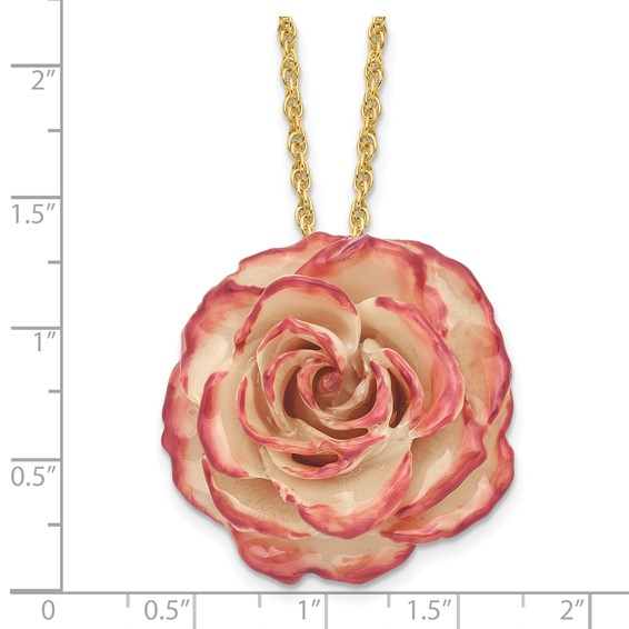 Lacquer Dipped Cream and Fuchsia Real Rose with 20 inch Gold-tone Necklace