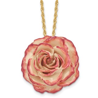Lacquer Dipped Cream and Fuchsia Real Rose with 20 inch Gold-tone Necklace