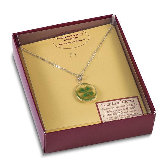 Silver Trim Real Four Leaf Clover in Oval 20 inch Silver-plated Chain Necklace