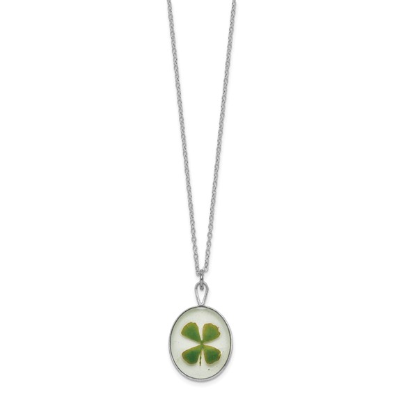 Silver Trim Real Four Leaf Clover in Oval 20 inch Silver-plated Chain Necklace
