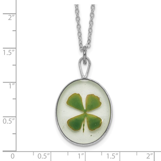 Silver Trim Real Four Leaf Clover in Oval 20 inch Silver-plated Chain Necklace