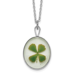 Silver Trim Real Four Leaf Clover in Oval 20 inch Silver-plated Chain Necklace