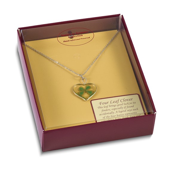 Silver Trim Real Four Leaf Clover in Heart 20 inch Silver-plated Chain Necklace