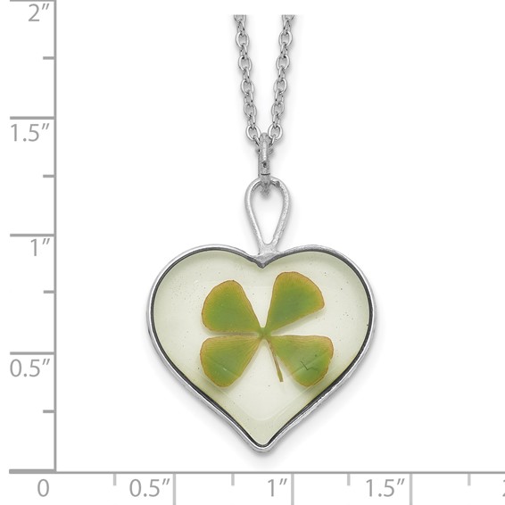 Silver Trim Real Four Leaf Clover in Heart 20 inch Silver-plated Chain Necklace