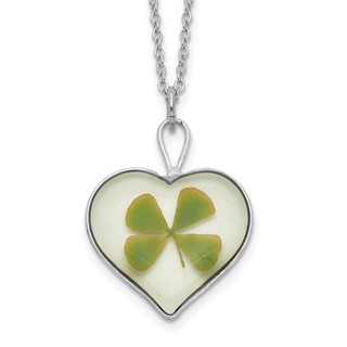 Silver Trim Real Four Leaf Clover in Heart 20 inch Silver-plated Chain Necklace
