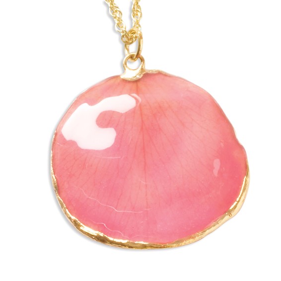 24K Gold-trim Lacquer Dipped Pink Real Rose Petal 20 inch Gold-tone Necklace