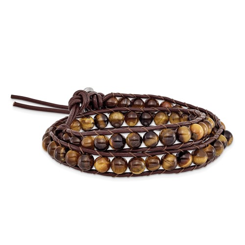 6mm Brown Tigers Eye Beads Bracelet with Leather Cord Plus 1 Inch Multi-wrap, 14"