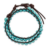 6mm Dyed Turquoise Beads Bracelet with Brown Leather Cord Plus 1 Inch Multi-wrap - 14in view 3