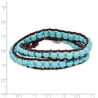 6mm Dyed Turquoise Beads Bracelet with Brown Leather Cord Plus 1 Inch Multi-wrap - 14in view 2