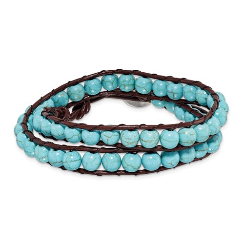 6mm Dyed Turquoise Beads with Brown Leather Cord 14 Inch Plus 1 Inch Multi-wrap Bracelet