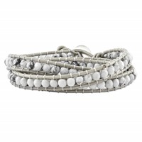 White Howlite Beads Bracelet with Grey Leather Cord Plus 1 Inch Multi-wrap, 21" view 1