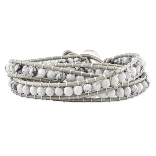 White Howlite Beads Bracelet with Grey Leather Cord Plus 1 Inch Multi-wrap, 21"
