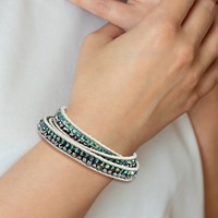 Green Aurora Borealis Grey Crystal Beads Bracelet with Leather Cord Plus 1 Inch Multi-wrap, 21" view 3
