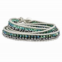 Green Aurora Borealis Grey Crystal Beads Bracelet with Leather Cord Plus 1 Inch Multi-wrap, 21" view 1