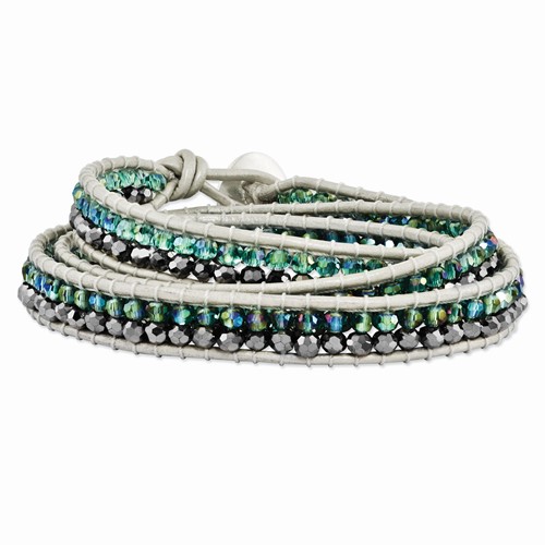 Green Aurora Borealis Grey Crystal Beads Bracelet with Leather Cord Plus 1 Inch Multi-wrap, 21"