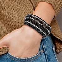 Black Aurora Borealis Grey Crystal Beads Bracelet with Black Leather Cord Plus 1 Inch Multi-wrap, 14" view 4