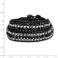 Black Aurora Borealis Grey Crystal Beads Bracelet with Black Leather Cord Plus 1 Inch Multi-wrap, 14" view 2