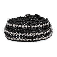 Black Aurora Borealis Grey Crystal Beads Bracelet with Black Leather Cord Plus 1 Inch Multi-wrap, 14" view 1