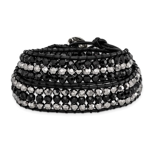 Black Aurora Borealis Grey Crystal Beads Bracelet with Black Leather Cord Plus 1 Inch Multi-wrap, 14"