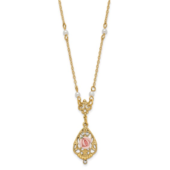 1928 Jewelry Gold-tone Imitation Pearl Pink Porcelain Rose and Clear Crystal Filigree Teardrop 17 inch Necklace