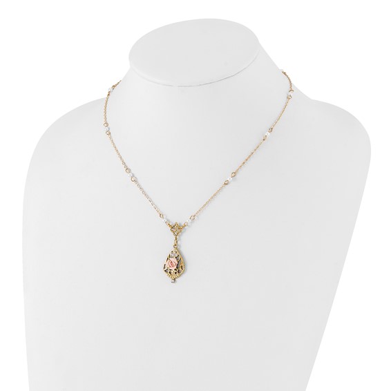 1928 Jewelry Gold-tone Imitation Pearl Pink Porcelain Rose and Clear Crystal Filigree Teardrop 17 inch Necklace