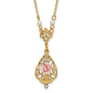 1928 Jewelry Gold-tone Imitation Pearl Pink Porcelain Rose and Clear Crystal Filigree Teardrop 17 inch Necklace