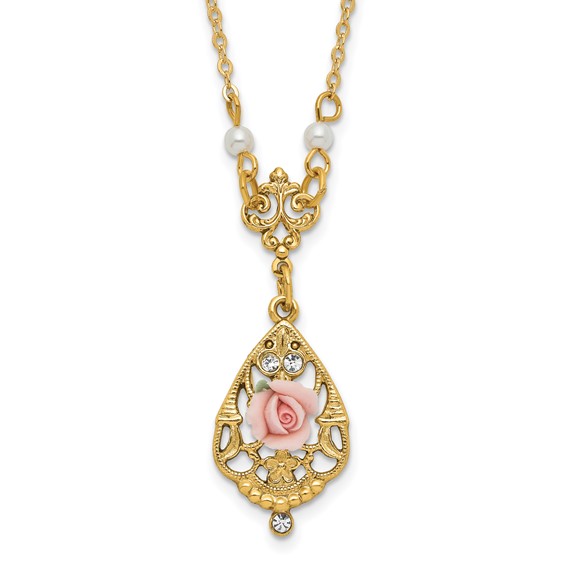 1928 Jewelry Gold-tone Imitation Pearl Pink Porcelain Rose and Clear Crystal Filigree Teardrop 17 inch Necklace