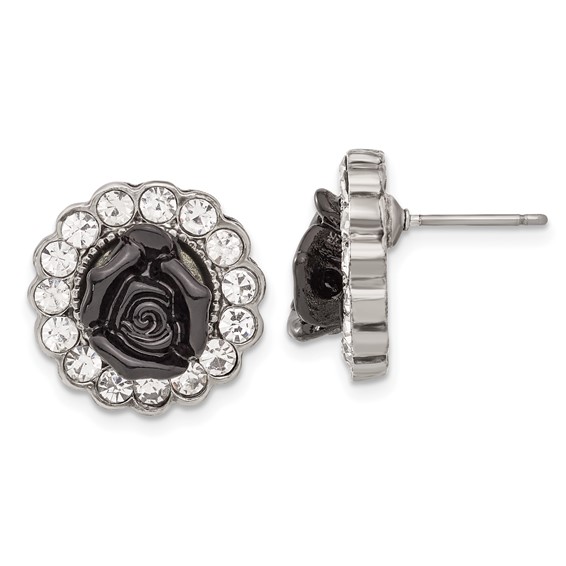 1928 Silver-tone Black Enamel Flowers & Crystal Post Earrings
