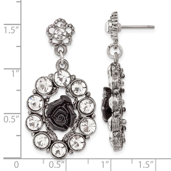 1928 Silver-tone & Antiqued Black Flowers & Crystal Post Dangle Earrings