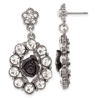 1928 Silver-tone & Antiqued Black Flowers & Crystal Post Dangle Earrings
