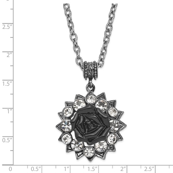 1928 Silver-tone Crystal & Black Enamel Flower 16in w/3in ext Necklace