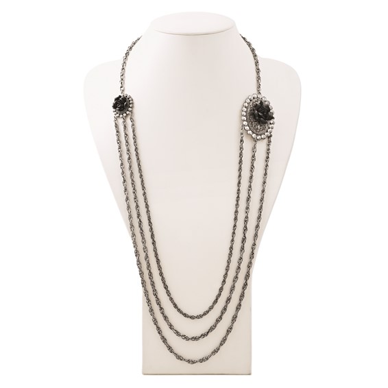 1928 Silver-tone Black Flowers & Crystal Layered Necklace