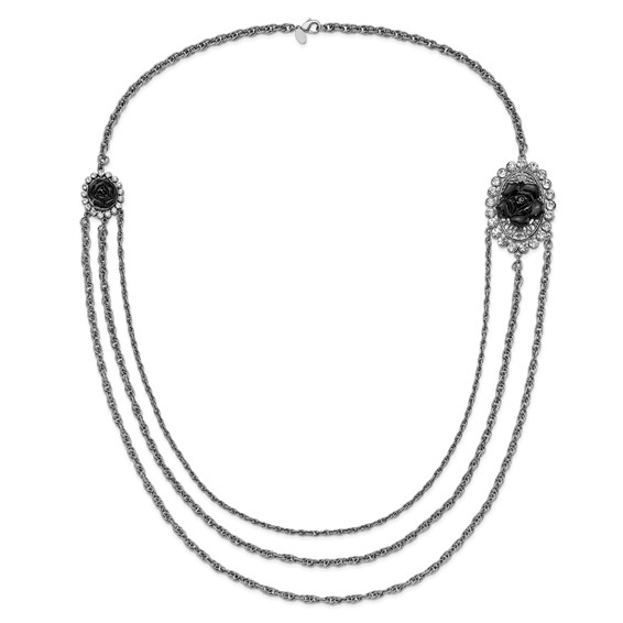 1928 Silver-tone Black Flowers & Crystal Layered Necklace