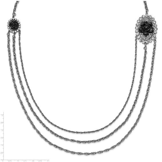 1928 Silver-tone Black Flowers & Crystal Layered Necklace