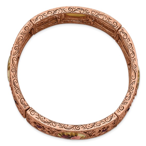 1928 Jewelry Rose-tone Filigree Pattern Purple Crystal Rose Floral Motif Stretch Bracelet