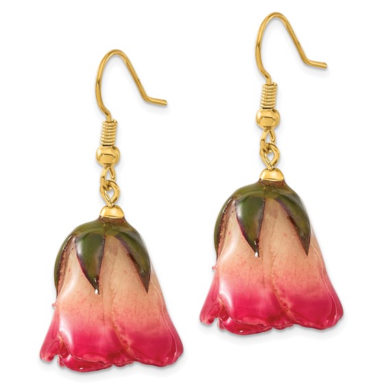 Lacquer Dipped White and Pink Real Rosebud Gold-tone Dangle Wire Earrings