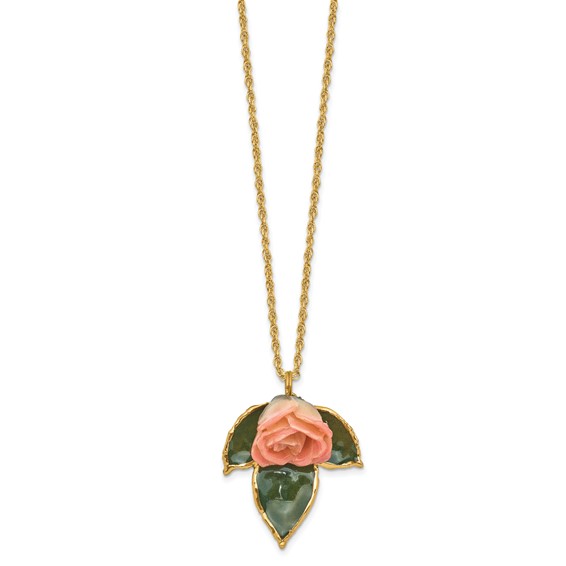 Lacquer Dipped Cream and Pink Real Rose on 24K Gold-trim Lacquered Dipped Leaf 20 inch Gold-tone Necklace