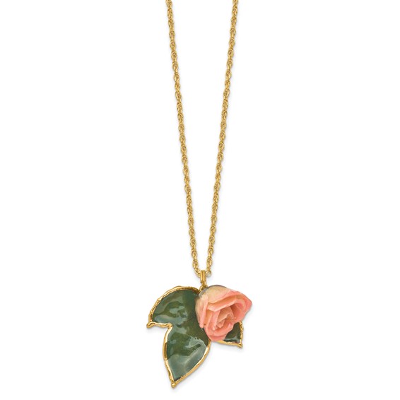 Lacquer Dipped Cream and Pink Real Rose on 24K Gold-trim Lacquered Dipped Leaf 20 inch Gold-tone Necklace
