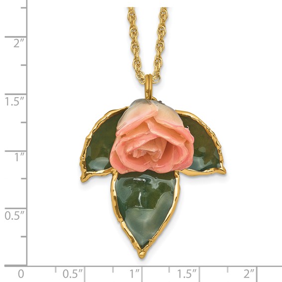 Lacquer Dipped Cream and Pink Real Rose on 24K Gold-trim Lacquered Dipped Leaf 20 inch Gold-tone Necklace