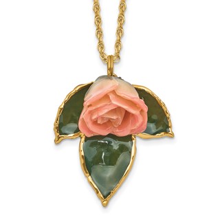 Lacquer Dipped Cream and Pink Real Rose on 24K Gold-trim Lacquered Dipped Leaf 20 inch Gold-tone Necklace