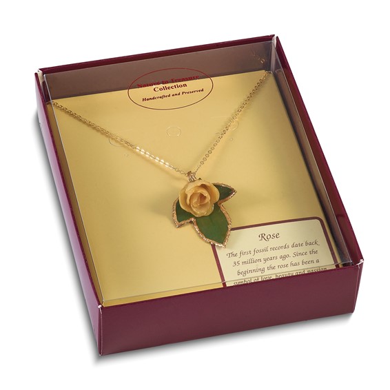 Lacquer Dipped White Real Rose on 24K Gold-trim Lacquer Dipped Leaf 20 inch Gold-tone Necklace