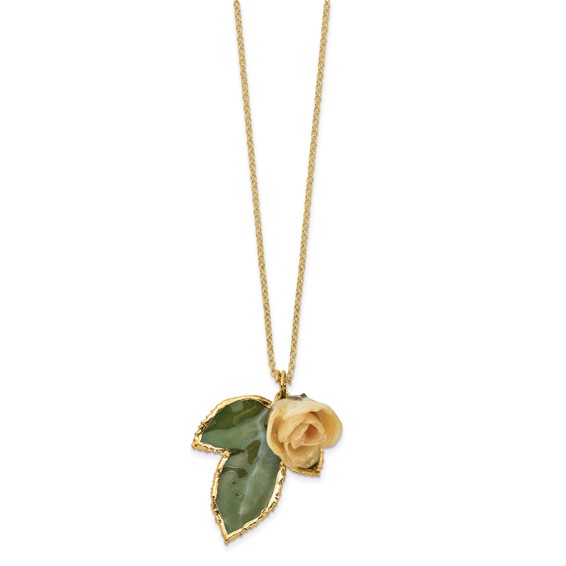 Lacquer Dipped White Real Rose on 24K Gold-trim Lacquer Dipped Leaf 20 inch Gold-tone Necklace
