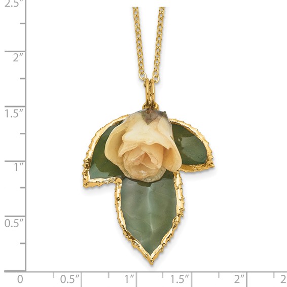 Lacquer Dipped White Real Rose on 24K Gold-trim Lacquer Dipped Leaf 20 inch Gold-tone Necklace