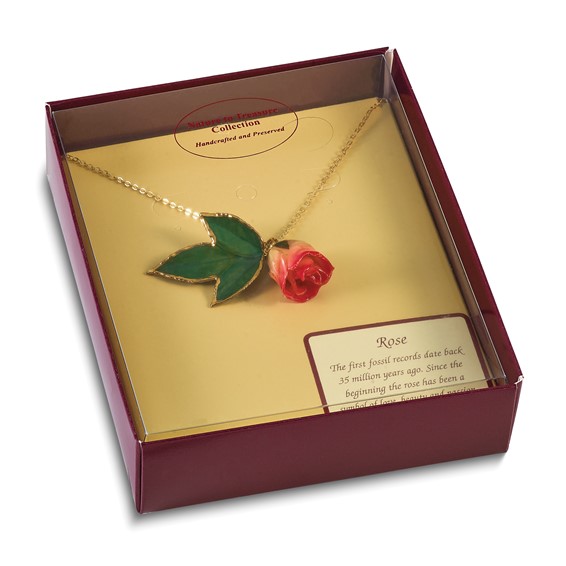 Lacquer Dipped White and Pink Real Rosebud on 24K Gold-trim Lacquered Dipped Leaf 20 inch Gold-tone Necklace