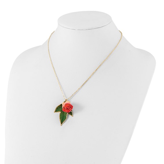 Lacquer Dipped White and Pink Real Rosebud on 24K Gold-trim Lacquered Dipped Leaf 20 inch Gold-tone Necklace