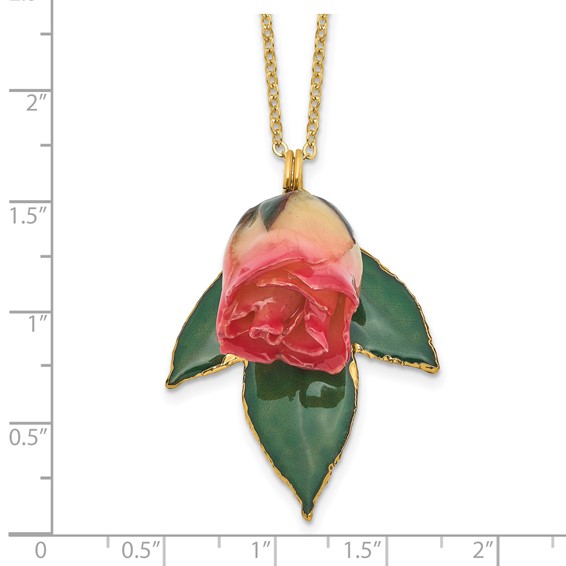 Lacquer Dipped White and Pink Real Rosebud on 24K Gold-trim Lacquered Dipped Leaf 20 inch Gold-tone Necklace