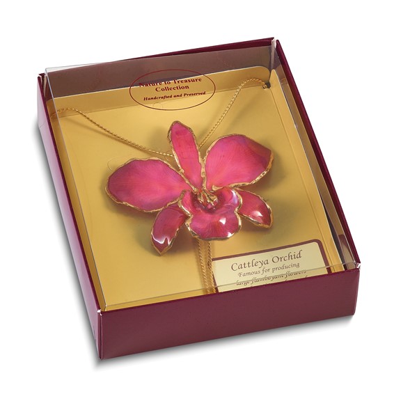 24K Gold-trim Lacquer Dipped Fuchsia Real Cattleya Orchid Slip-on Adjustable Gold-tone Necklace