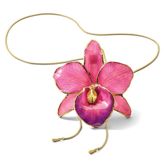 24K Gold-trim Lacquer Dipped Fuchsia Real Cattleya Orchid Slip-on Adjustable Gold-tone Necklace