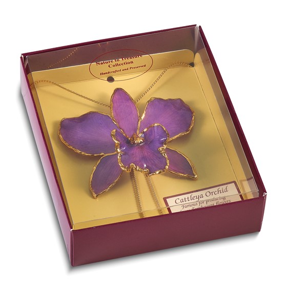 24K Gold-trim Lacquer Dipped Purple Real Cattleya Orchid Slip-on Adjustable Gold-tone Necklace