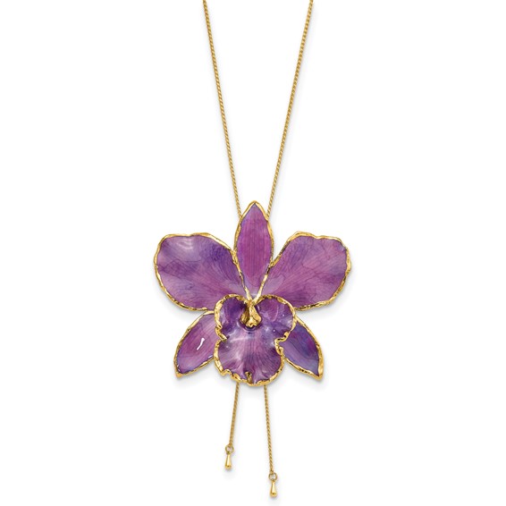 24K Gold-trim Lacquer Dipped Purple Real Cattleya Orchid Slip-on Adjustable Gold-tone Necklace
